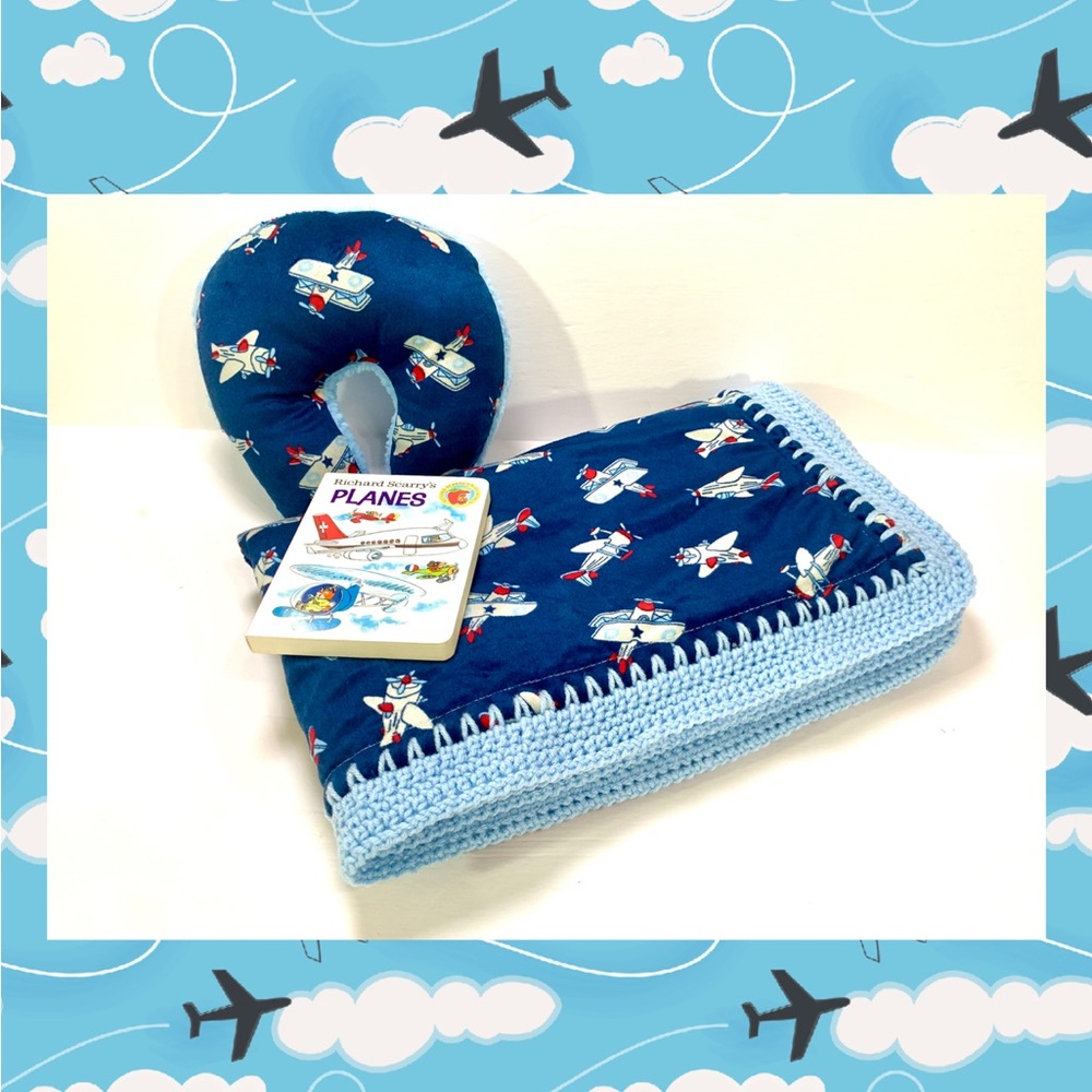 Vintage Style Airplane Minky Sherpa Crochet Baby Blanket & Book Gift Set